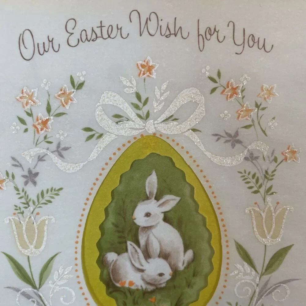 Vtg Buzza Cardozo Rabbit Parchment Easter Spring Die Cut Glitter Greeting Card